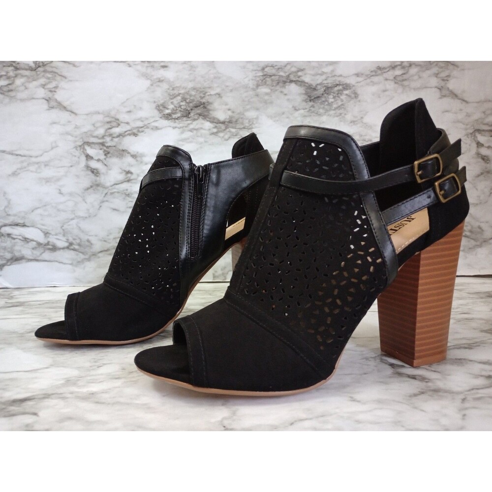 Just Fab Black Faux Suede Eyelet Open Toe High Heel Ankle Boots Booties Size 9.5